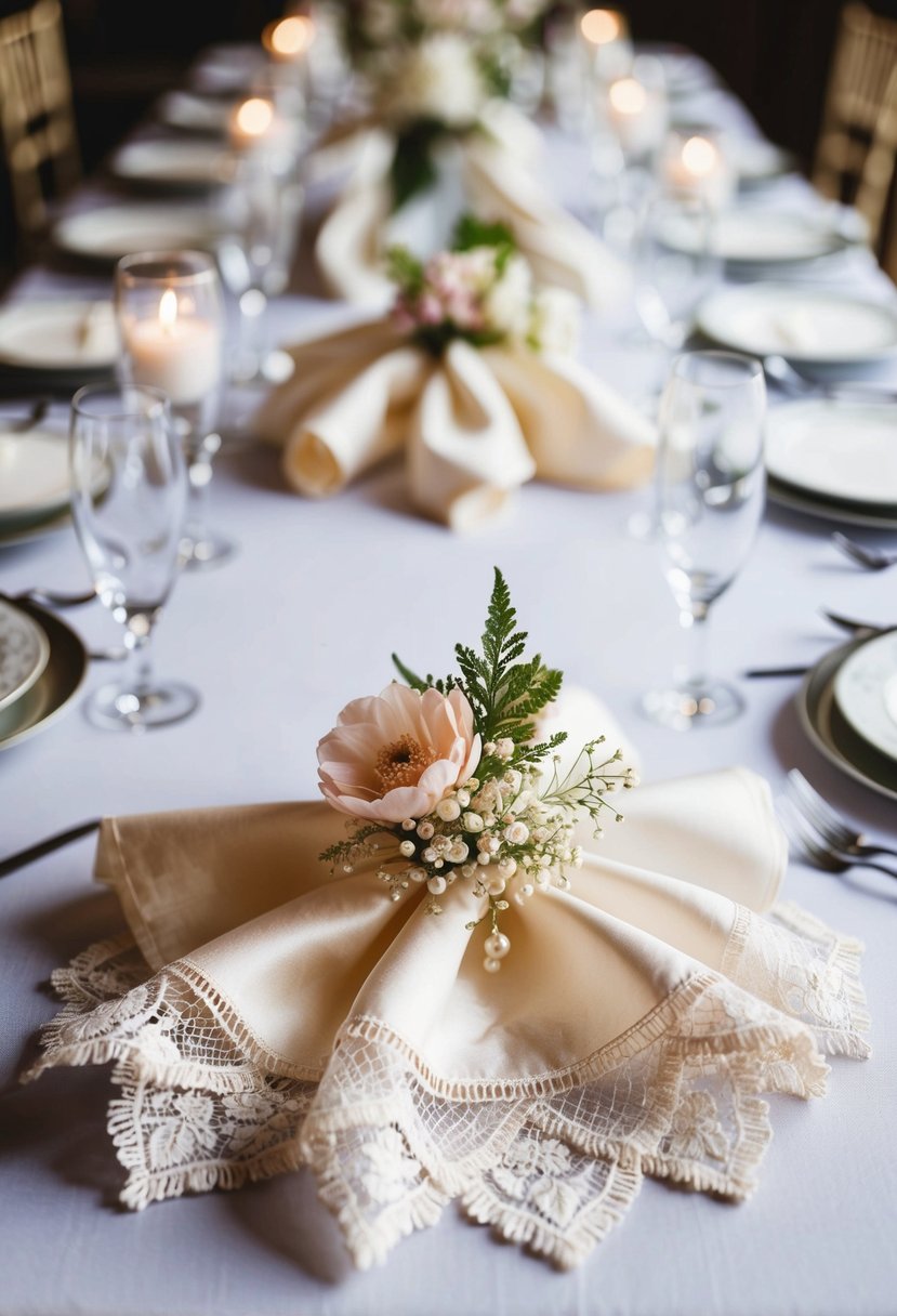 Lace and ribbon wrapped around napkins, adorned with delicate flowers and pearls, set on a beautifully decorated wedding table