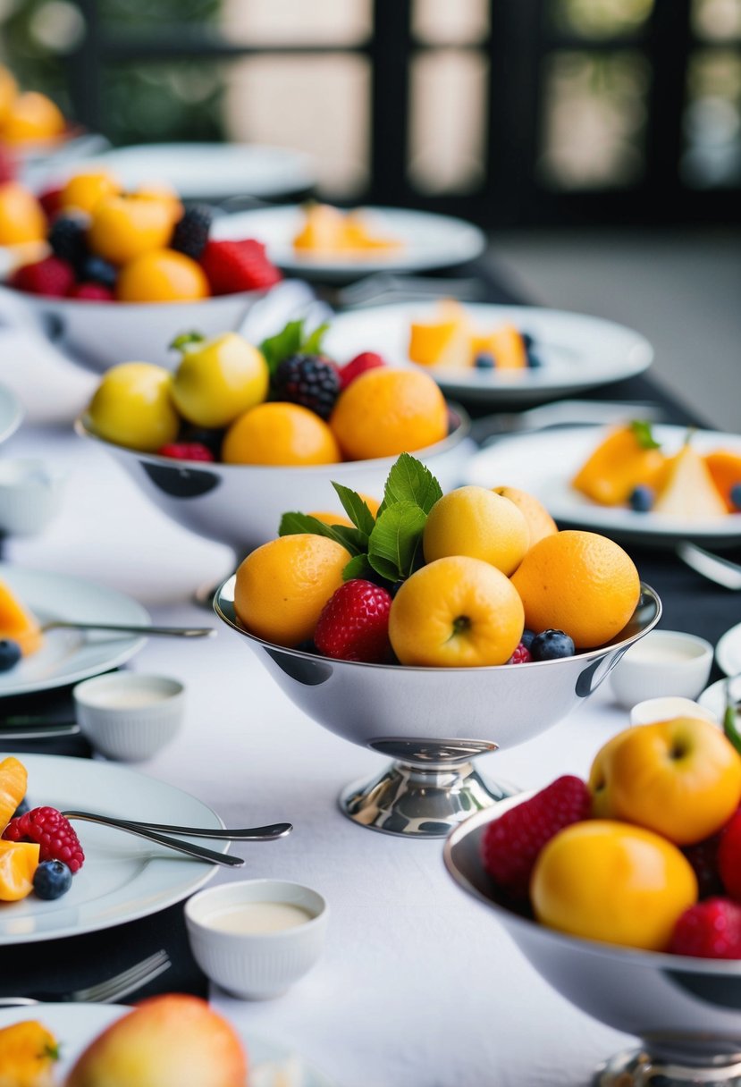 Compote bowls filled with colorful fruit overflow on a modern wedding table