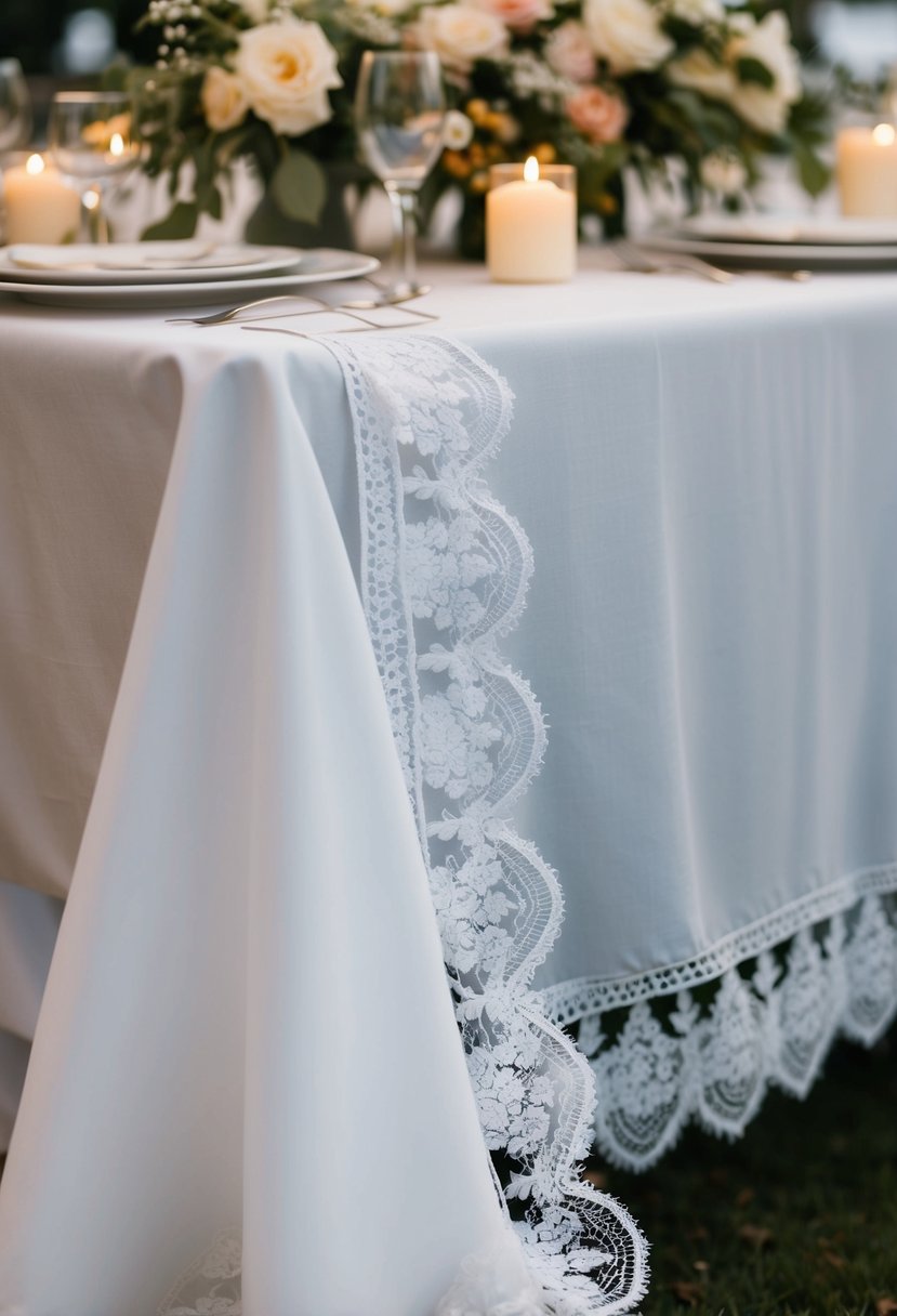 A white tablecloth with delicate lace trim draped over a table, adorned with flowers and candles for a romantic wedding setting