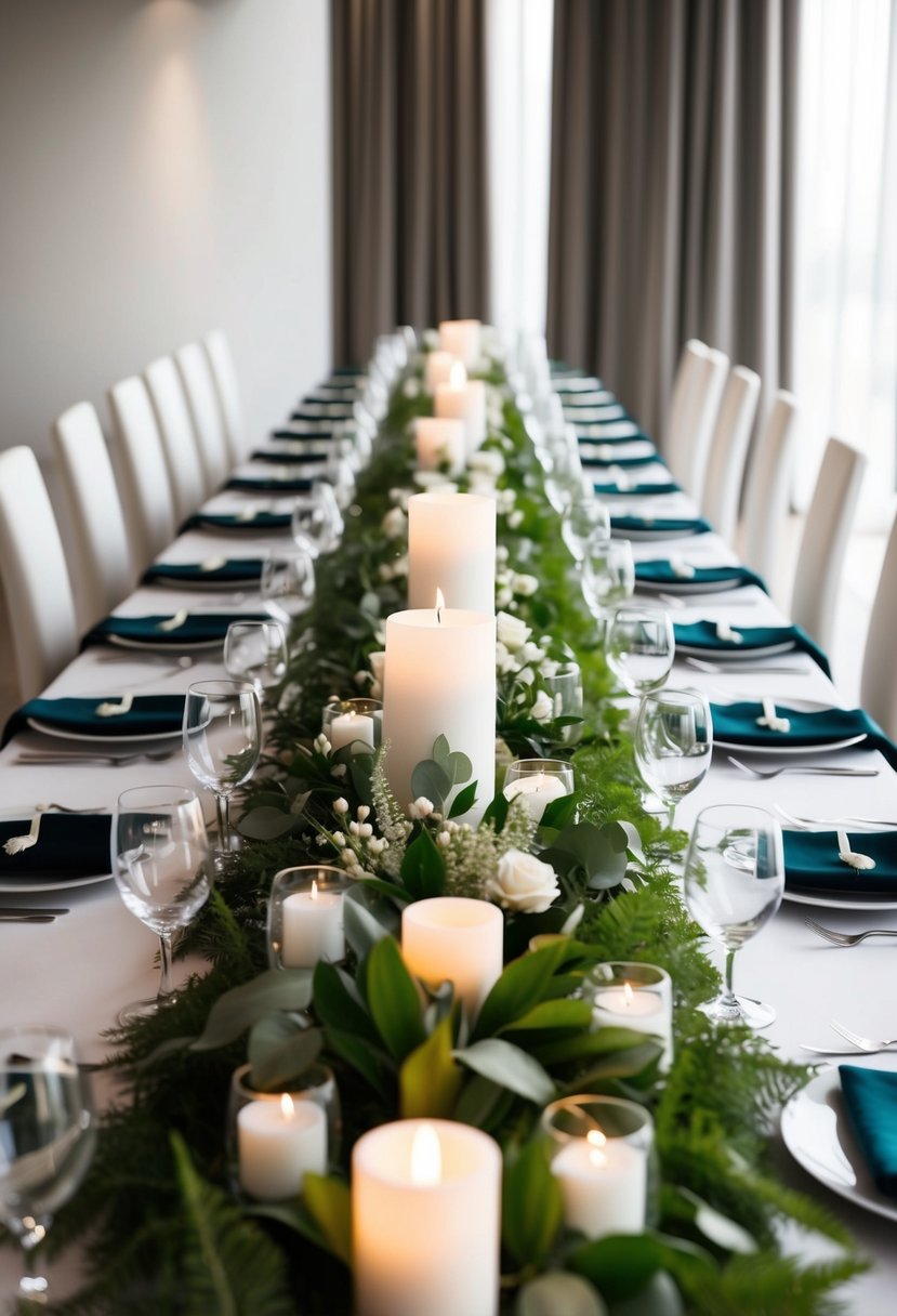 A long, lush table runner adorned with modern wedding decor, set against a sleek and elegant table setting