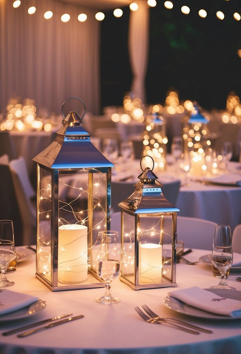 Clear lanterns filled with sparkling fairy lights illuminate wedding tables