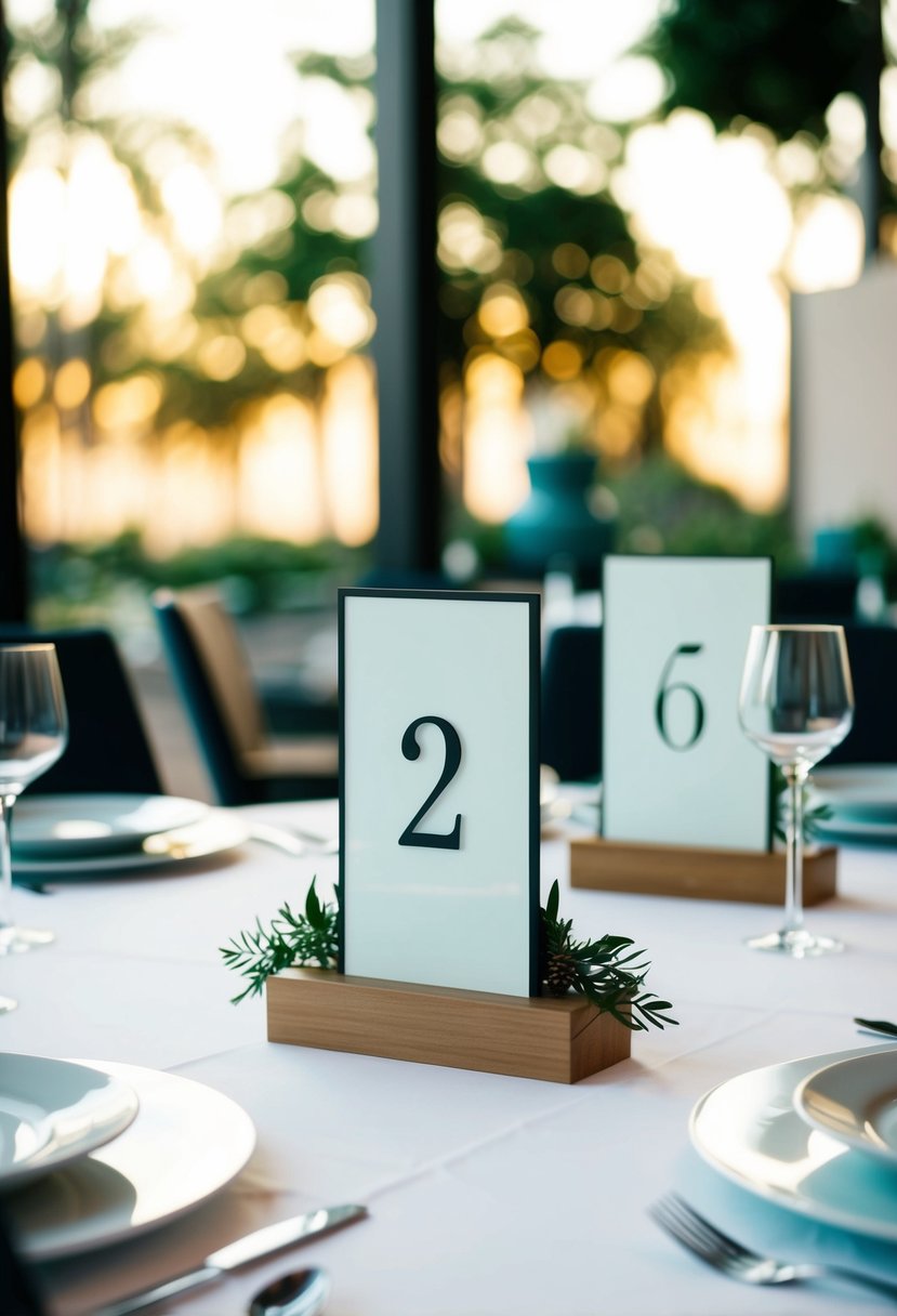 Sleek, numbered geometric shapes on tables with simple centerpieces