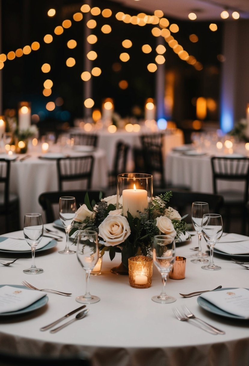 A dim-lit reception with modern wedding table decorations