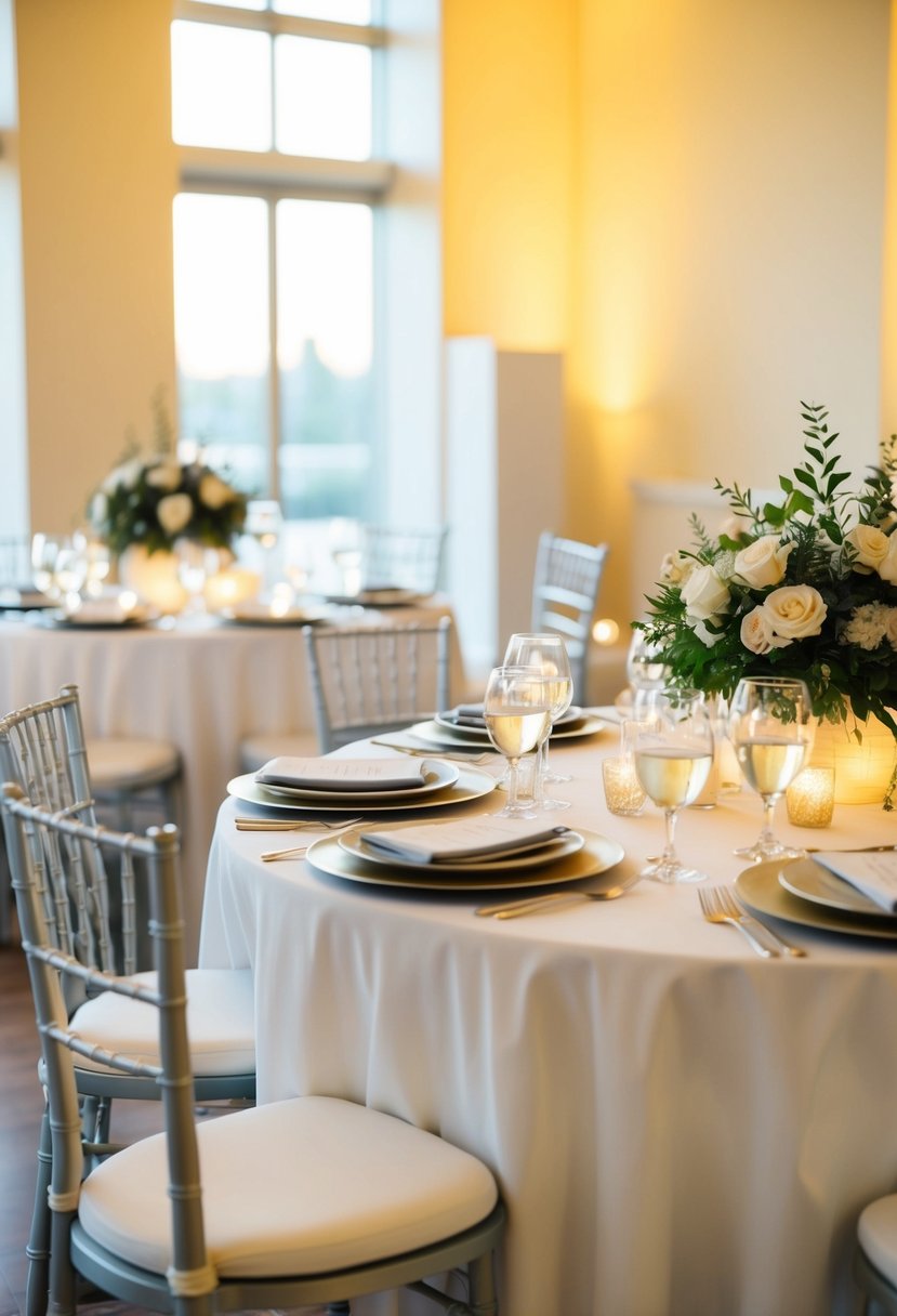 A modern wedding table with soft yellow lighting and elegant decorations