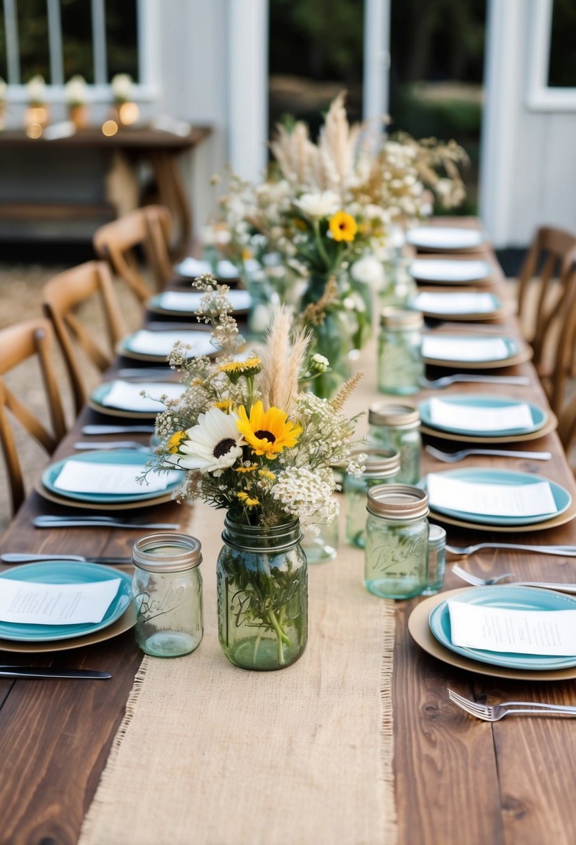 A wooden table adorned with mason jar centerpieces, burlap table runners, and wildflower arrangements. A mix of vintage and modern elements create a rustic chic atmosphere