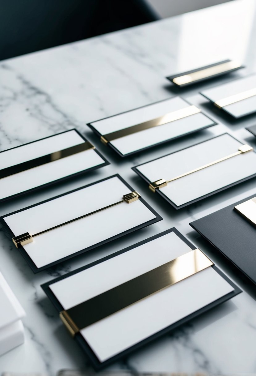 A sleek, minimalist table setting with contemporary escort cards arranged in a geometric pattern on a marble surface, accented with metallic details