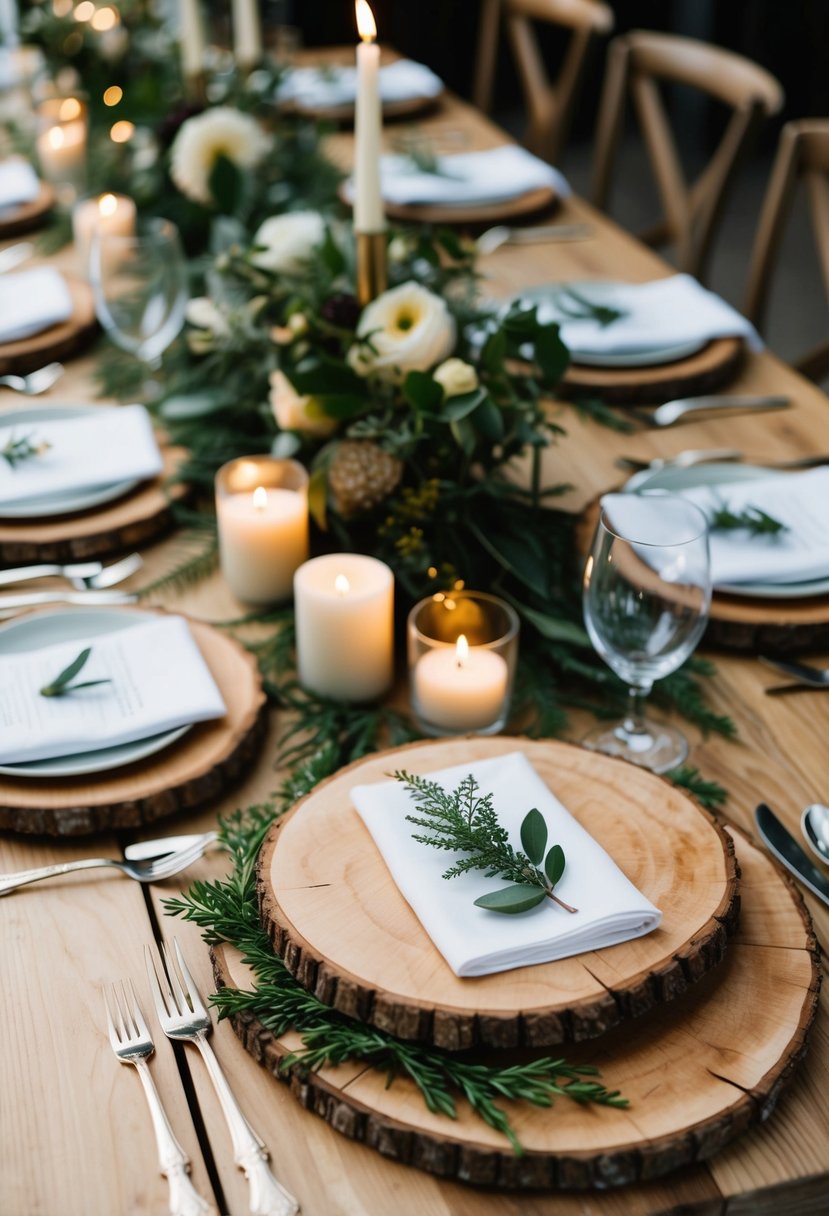 A wooden table set with rustic wood slice chargers, adorned with natural elements like greenery, flowers, and candles, creating a chic and earthy wedding table decoration