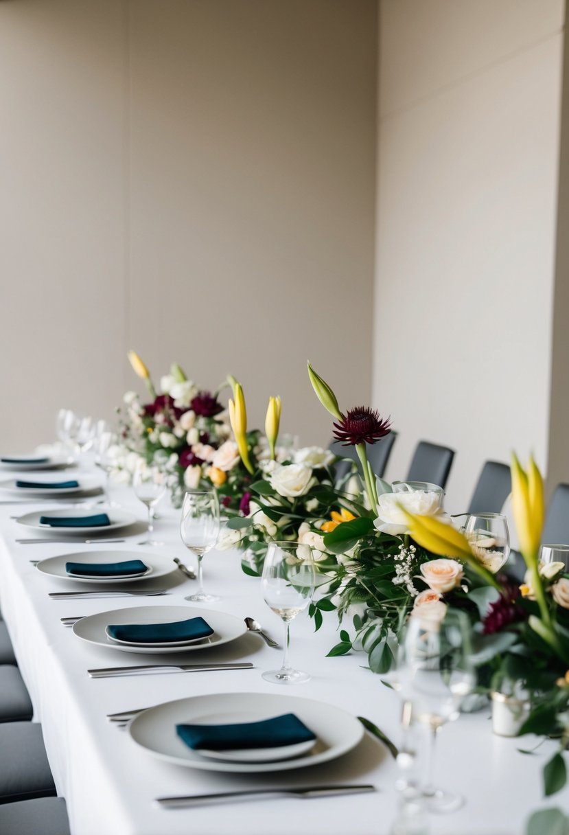 A sleek, minimalist table set with striking, one-of-a-kind floral centerpieces