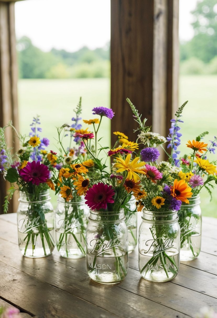 Mason jars filled with colorful wildflowers arranged on a rustic wooden table for a chic wedding decoration