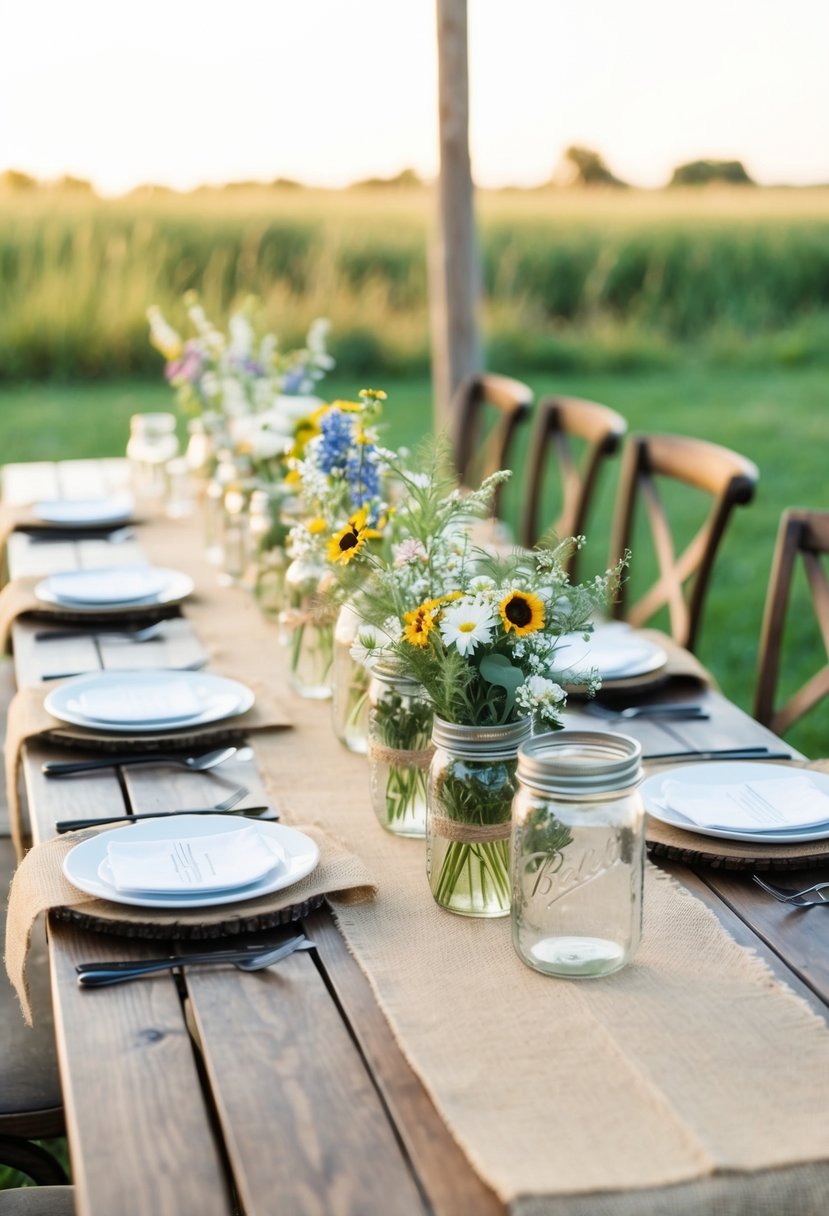 A wooden table adorned with burlap runners, mason jar centerpieces, and wildflower bouquets, creating a rustic chic wedding table setting