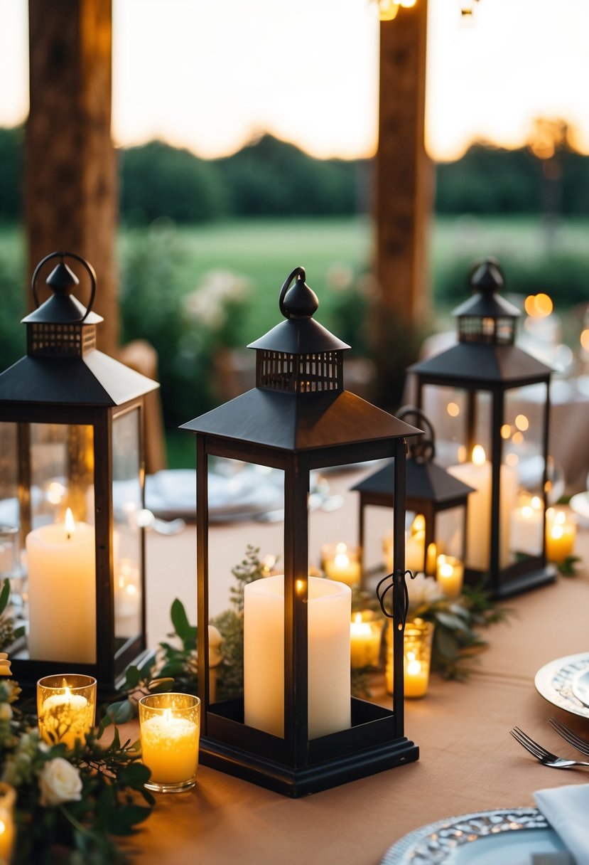 Vintage lanterns, adorned with flickering candles, create a warm and rustic ambiance for a chic wedding table decoration