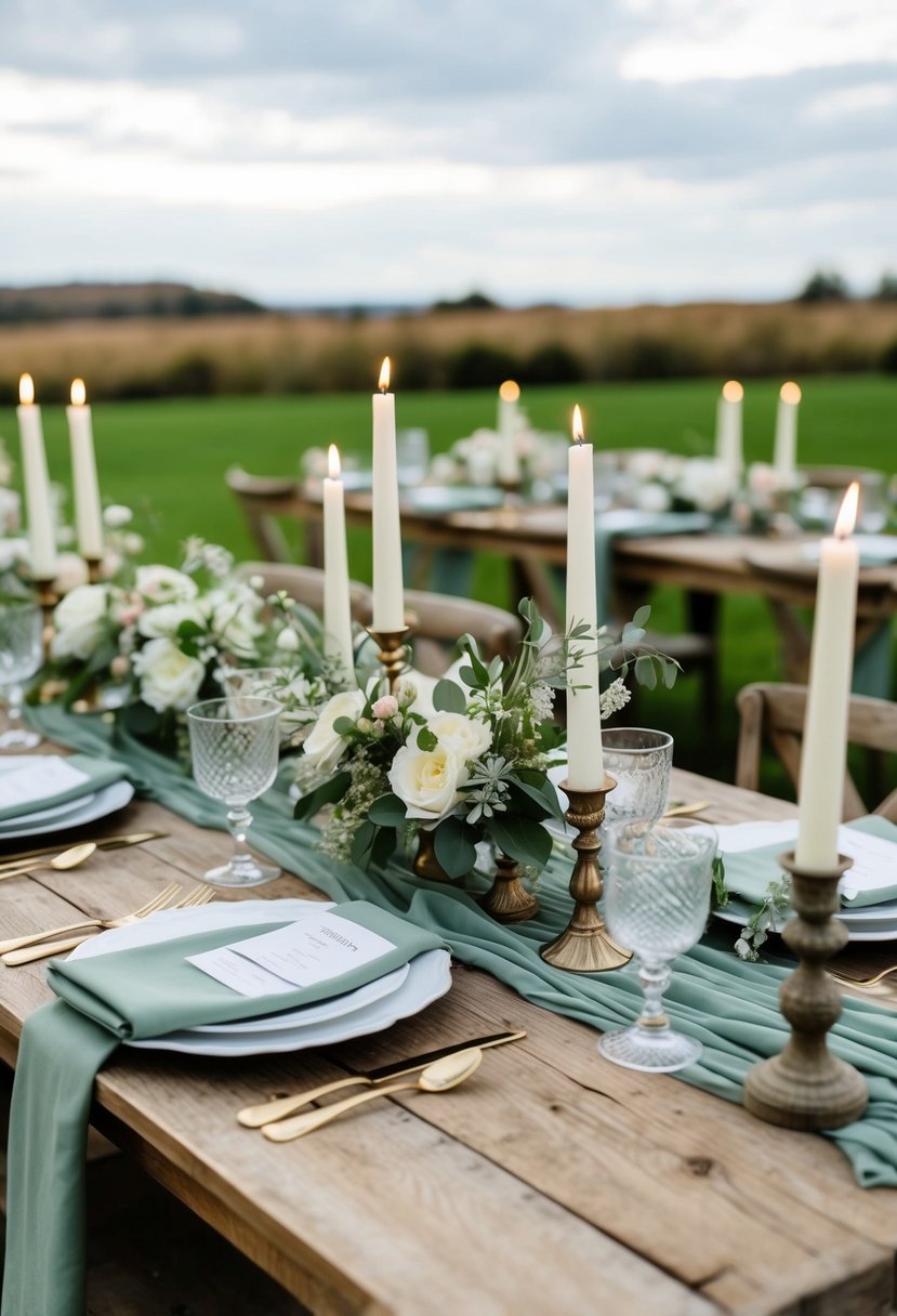 A rustic wooden table adorned with sage green linens, delicate floral centerpieces, and vintage candle holders