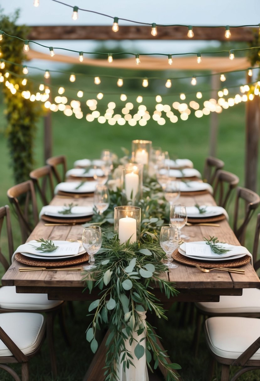 String lights weave through greenery on a rustic wedding table, creating a chic and romantic ambiance