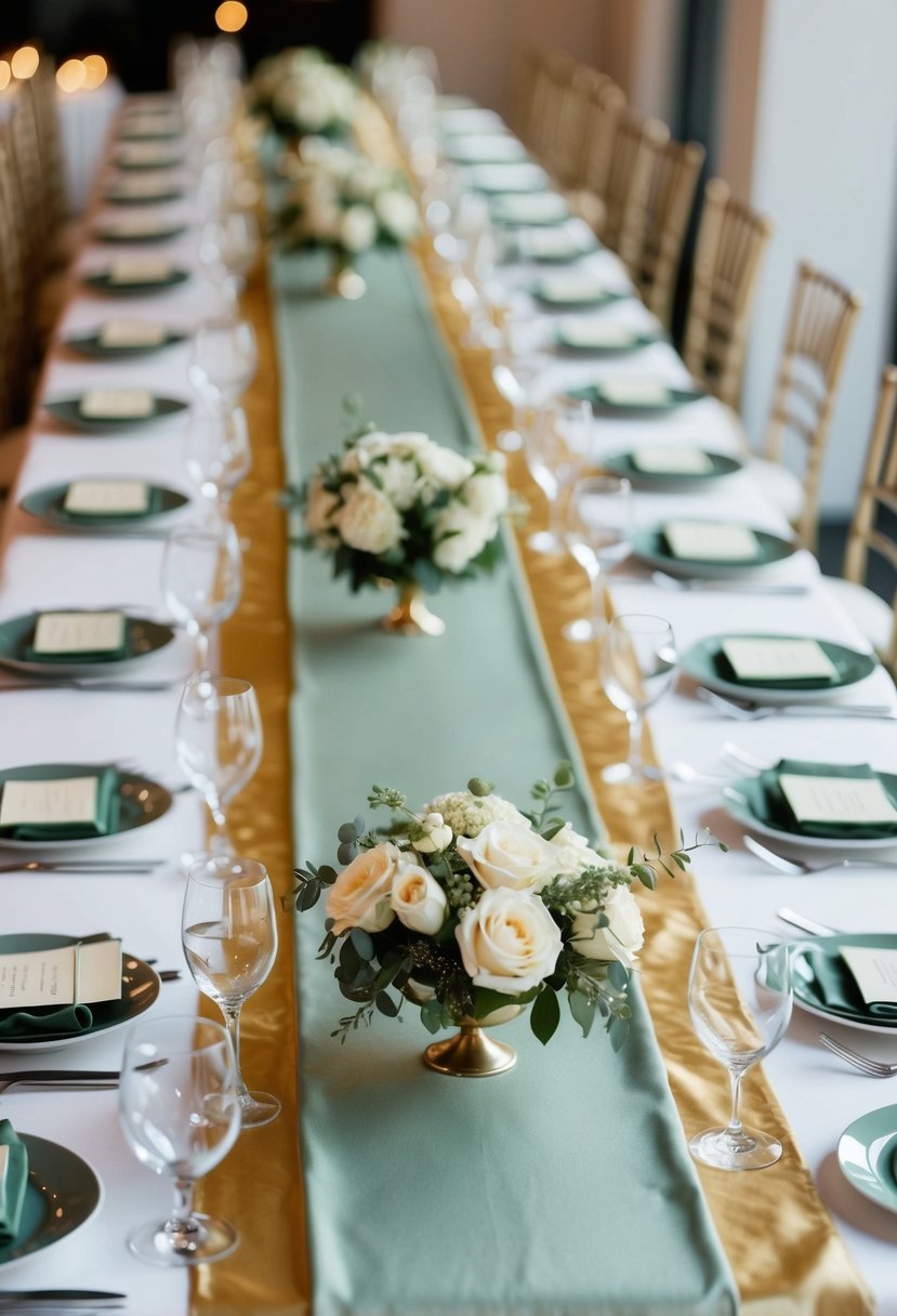 Sage green and gold table runners adorn a wedding reception table, creating an elegant and sophisticated atmosphere