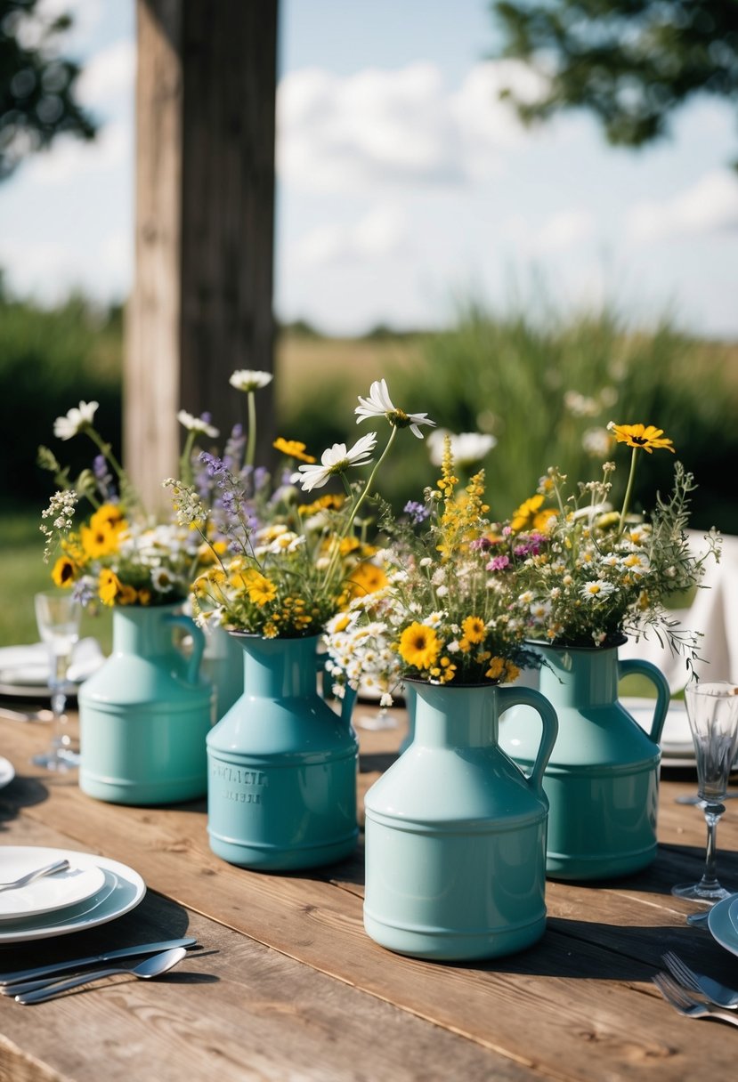 A wooden table adorned with vintage enamel water jugs filled with wildflowers, creating a rustic chic wedding table decoration