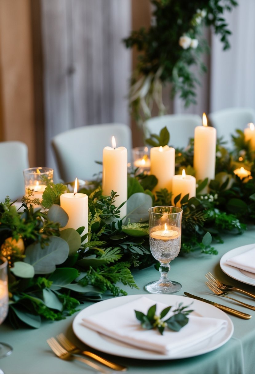 Lush greenery and flickering candles adorn the sage green wedding table