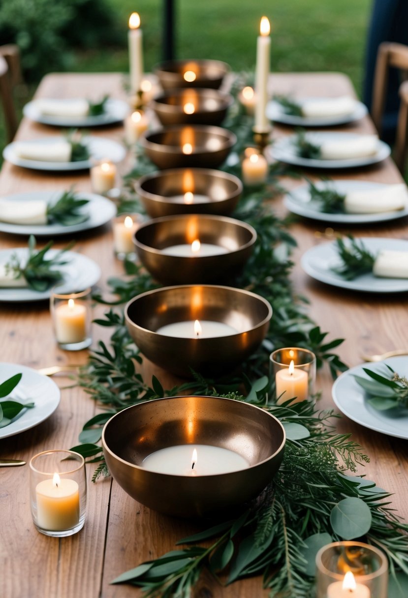 Bronze bowls arranged on a wooden table with greenery and candlelight for a rustic chic wedding setting