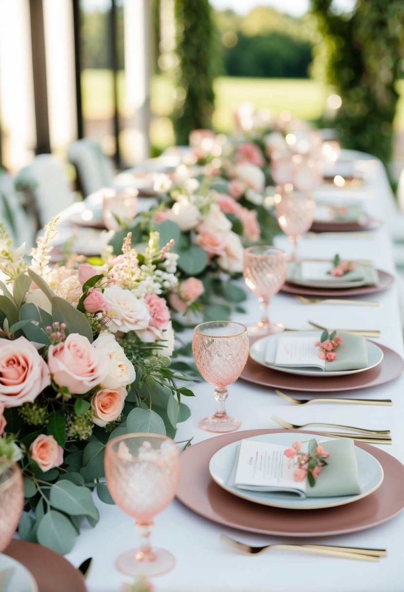 A table set with blush pink and sage floral arrangements for a wedding