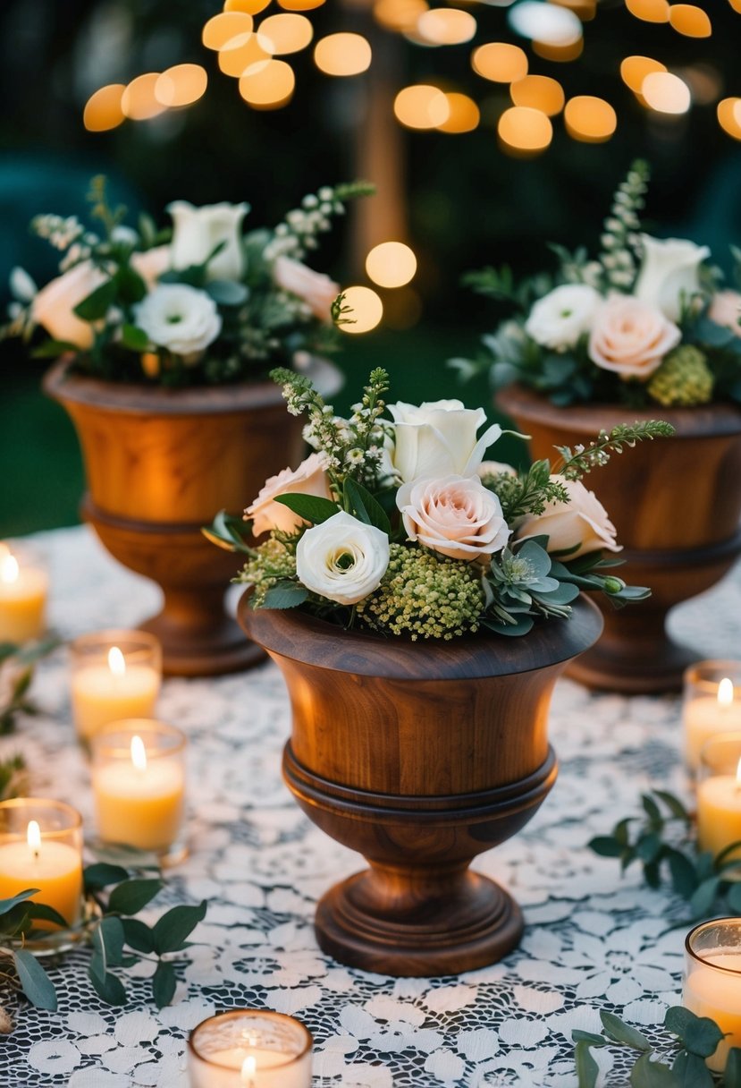 Wooden urns filled with flowers on a lace tablecloth, surrounded by flickering candles and greenery