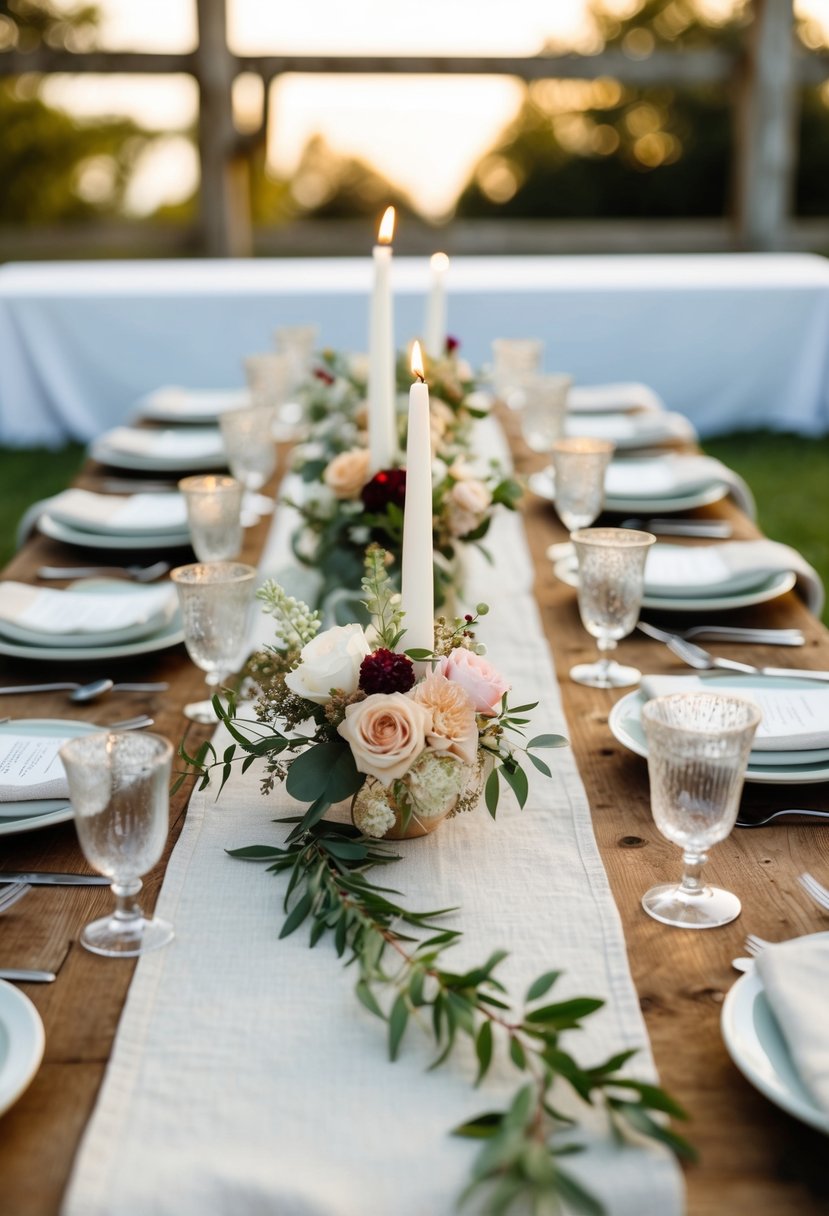 A rustic table set with linen runners, floral centerpieces, and delicate candle holders