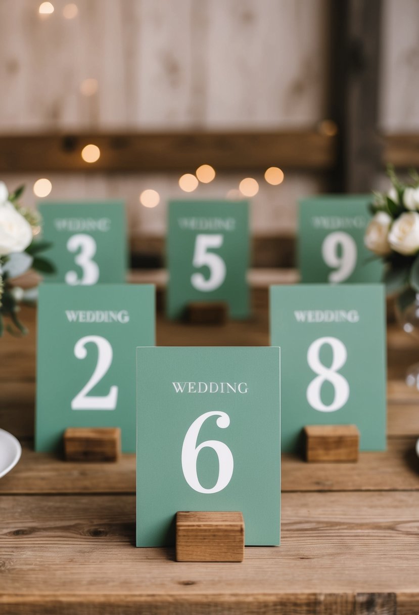 A rustic wooden table adorned with sage green wedding number signs