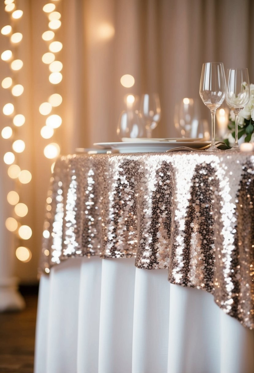 A sparkling sequin tablecloth adorns a linen wedding table, catching the light and adding a touch of glamour to the elegant setting