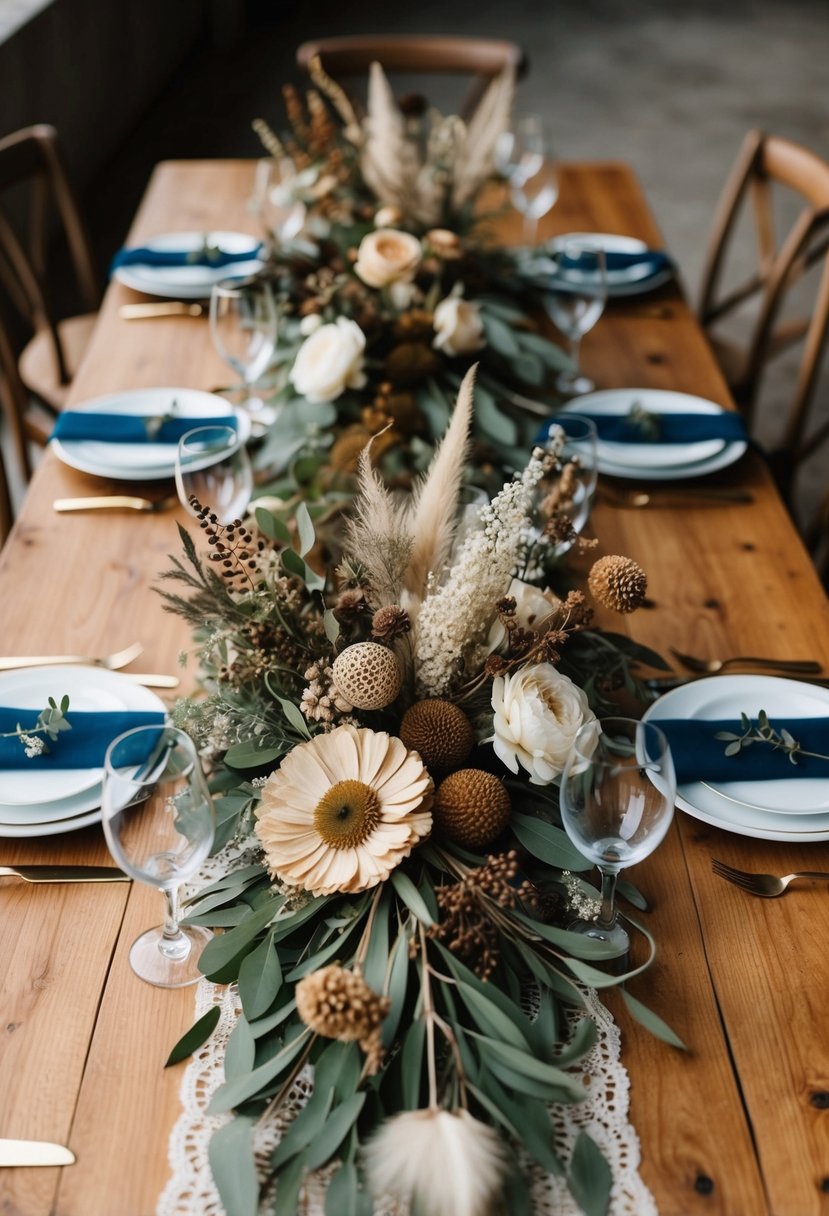 A wooden table adorned with dried florals and greenery arrangements, creating a rustic chic wedding centerpiece