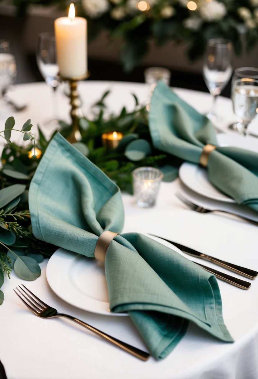 Sage green linen napkins neatly folded on a wedding reception table, surrounded by matching greenery and elegant tableware