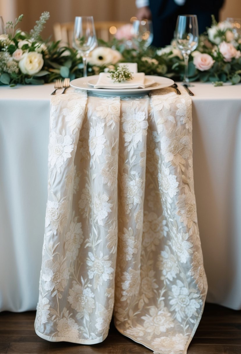 Floral patterned embroidered linens draped over a wedding reception table, adorned with delicate flowers and greenery