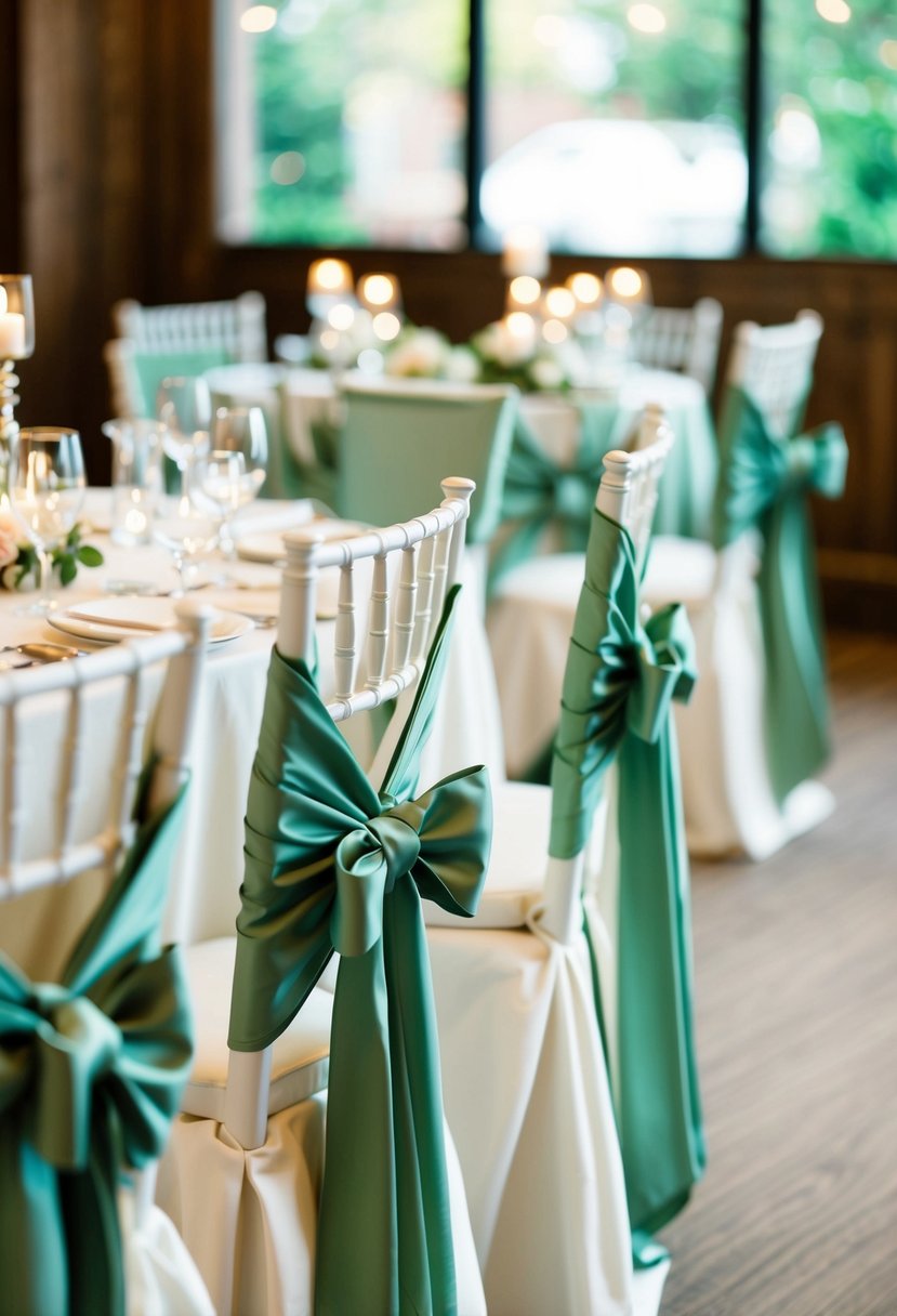 Sage green chair sashes tied in bows on wedding reception tables