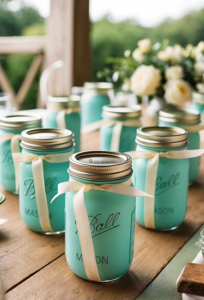 Mason jars adorned with ribbon strips, arranged on a rustic chic wedding table