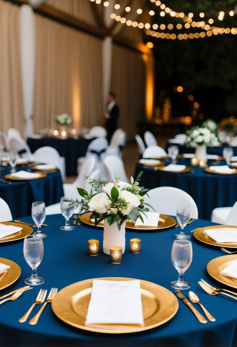 Navy tablecloths with gold chargers set on a wedding reception table