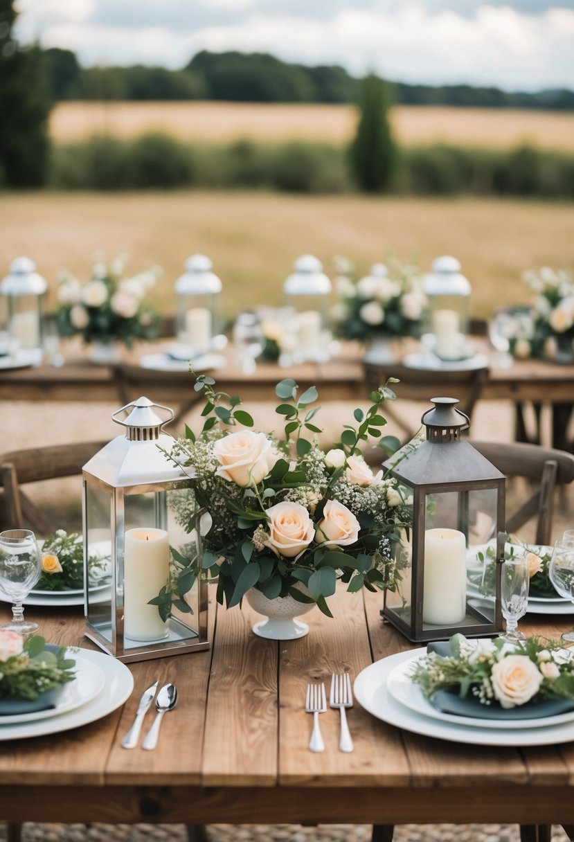 Rustic chic wedding table with lanterns and flower bunches