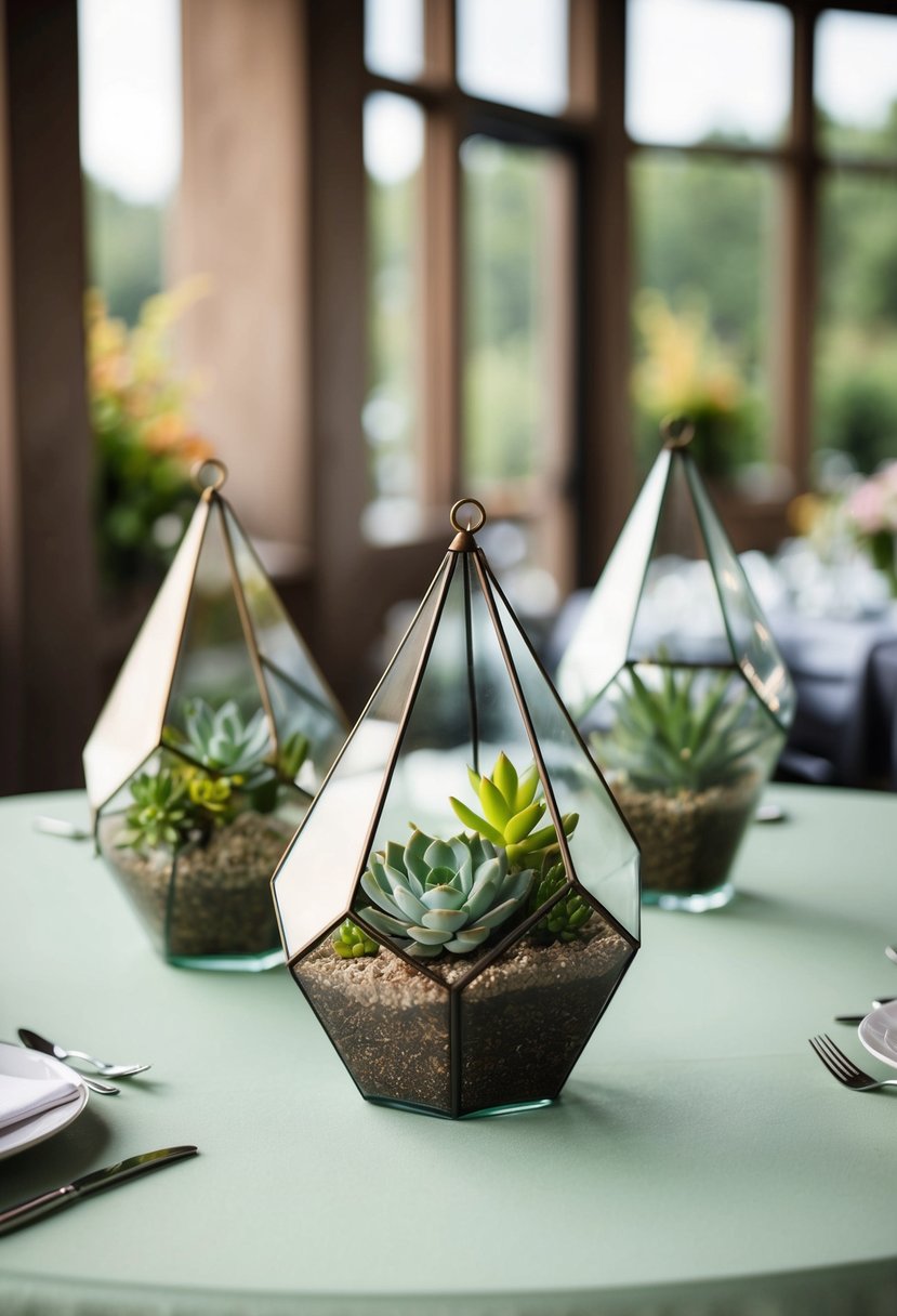 Geometric glass terrariums hold succulents on a sage green wedding table