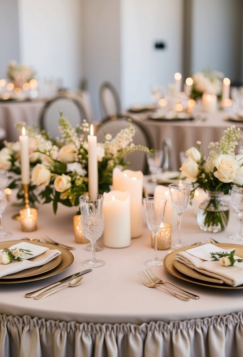 A table set with ruffled linens, adorned with delicate flowers and candles, creating a romantic wedding atmosphere