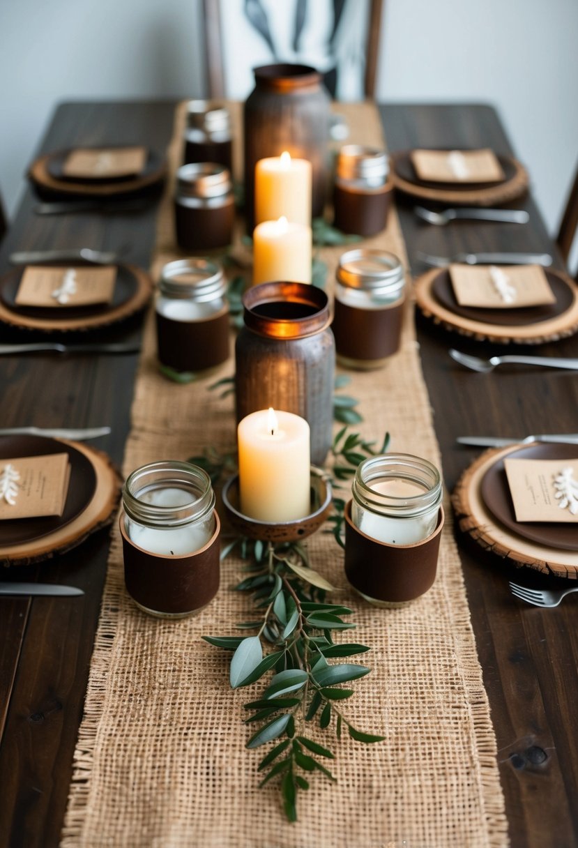 A burlap table runner adorned with leather-wrapped mason jars, wooden candle holders, and a distressed metal centerpiece