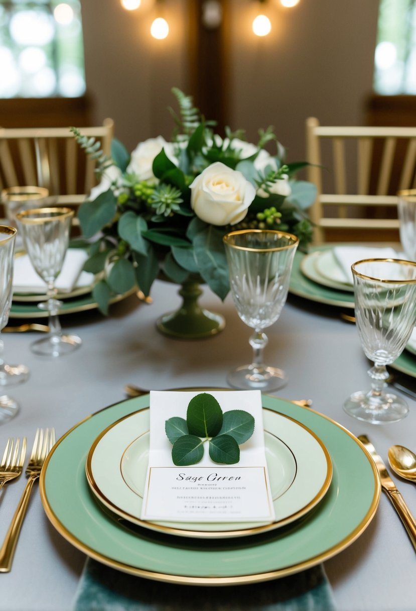 Gold-rimmed sage green dinnerware arranged on a table with matching sage green wedding decorations