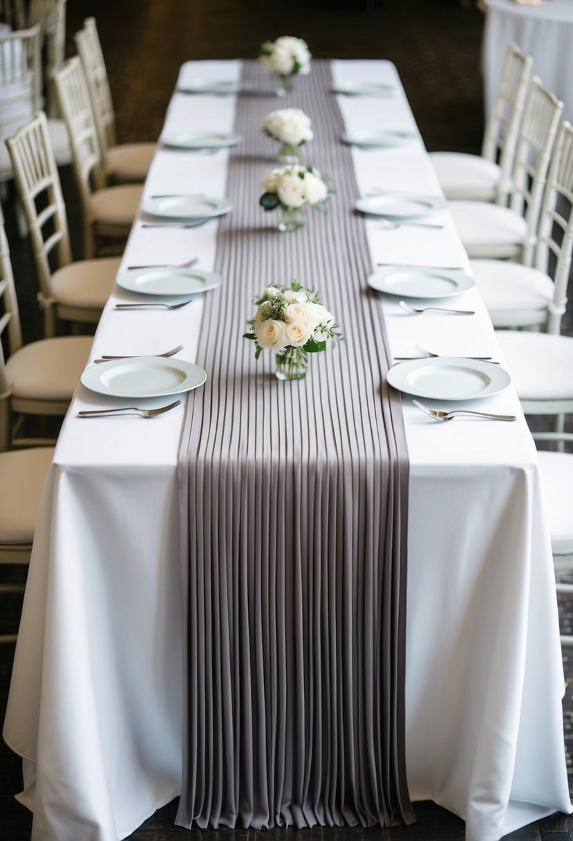 A long, pleated table runner drapes elegantly over a white linen table, creating a sophisticated and refined wedding table decoration