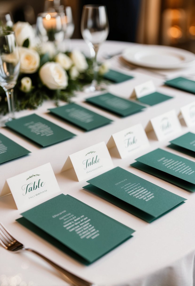 Handmade sage and white table place cards arranged on a decorated wedding table