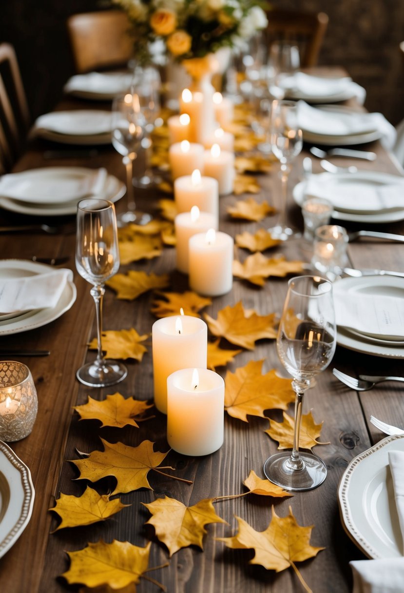 Golden leaves scattered on a wooden table with candles and vintage centerpieces for a rustic chic wedding