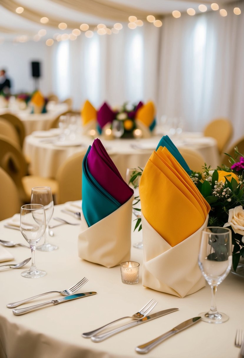 Ivory tablecloths adorned with vibrant, folded napkins create an elegant wedding table setting