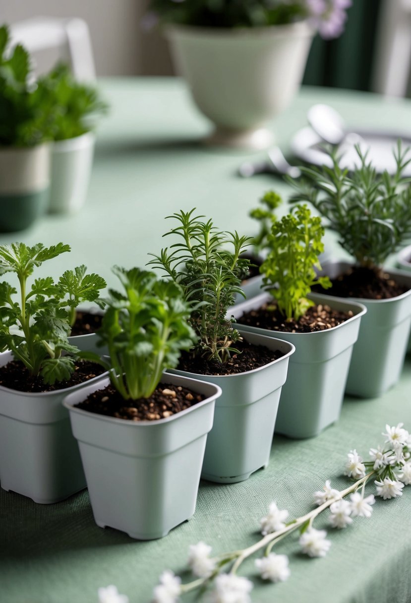 Mini potted herbs arranged on sage green tablecloth with white floral accents