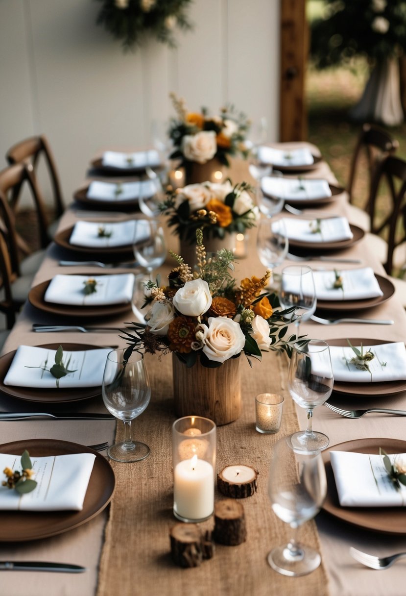 A table set with earthy toned floral centerpieces, wooden accents, and neutral linens, creating a rustic chic wedding ambiance