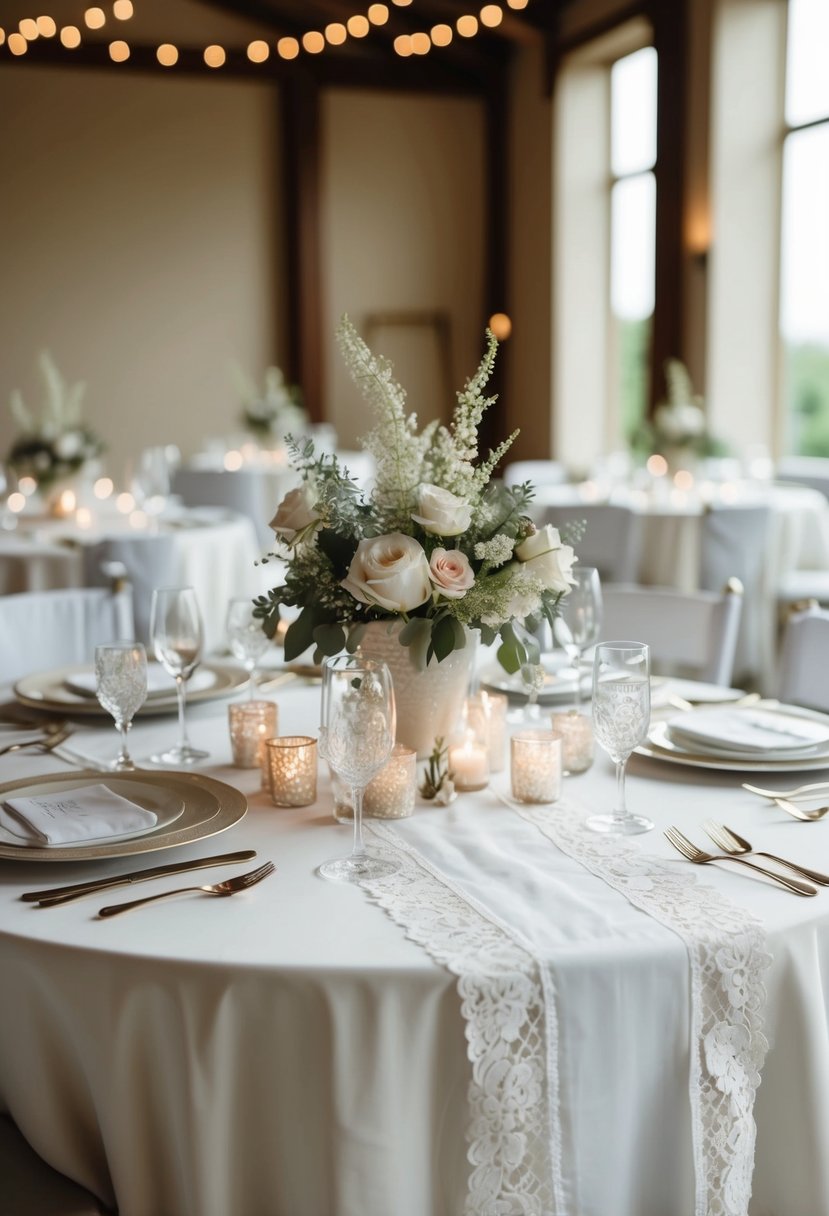 A table set with lace-trimmed linens, adorned with delicate wedding decorations