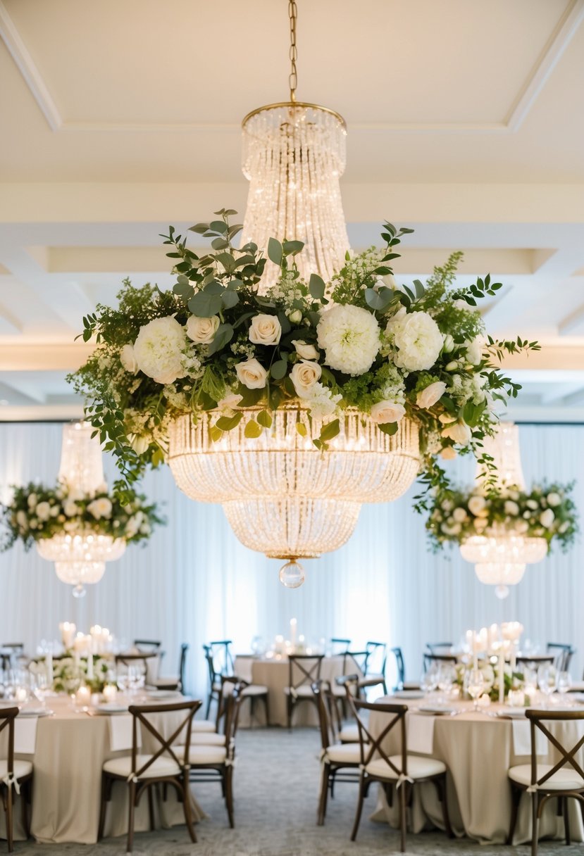 Sage green and white floral chandeliers hang above elegant wedding tables