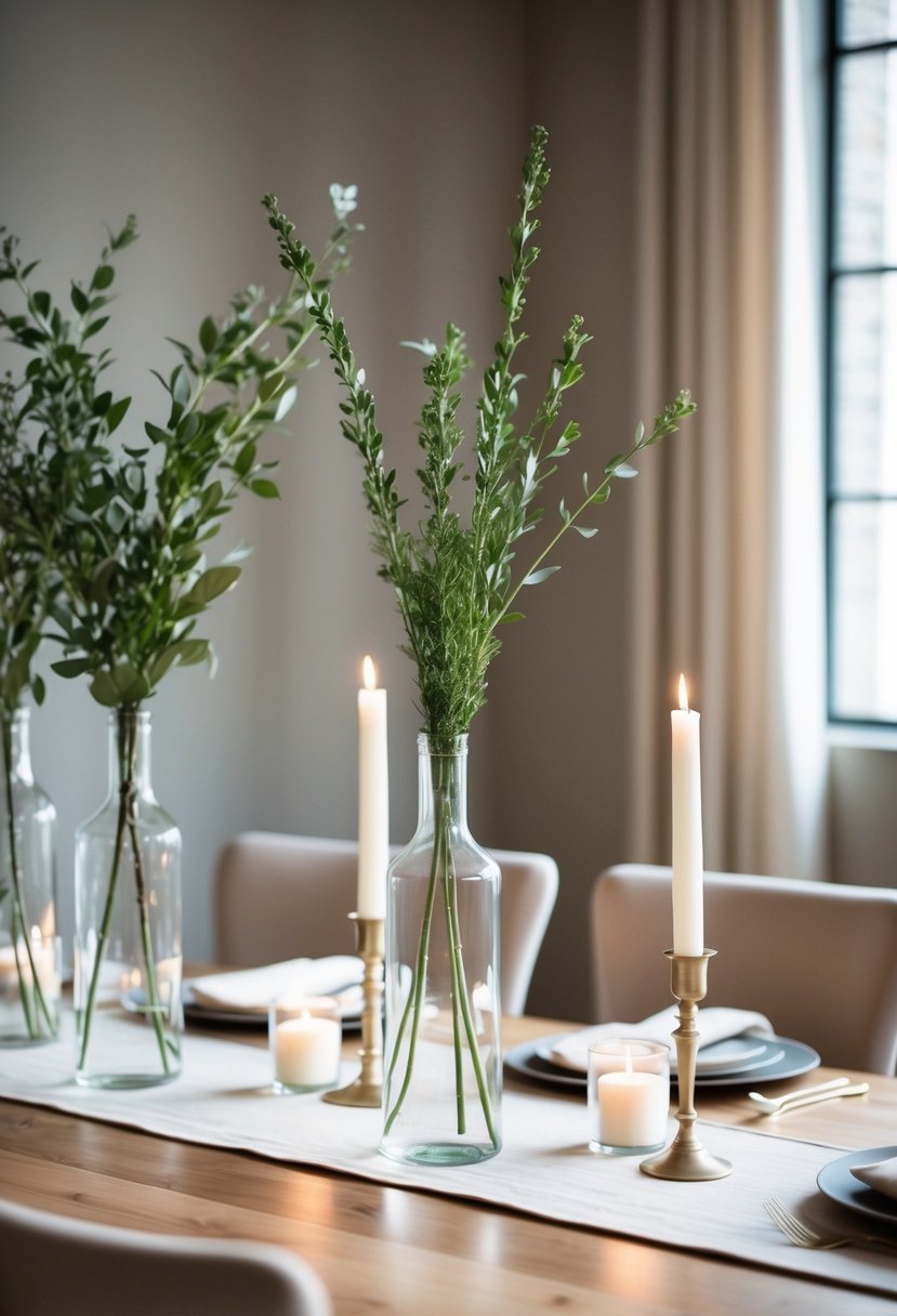 Clear vases holding single stems of greenery on a wooden table with neutral linens and soft candlelight