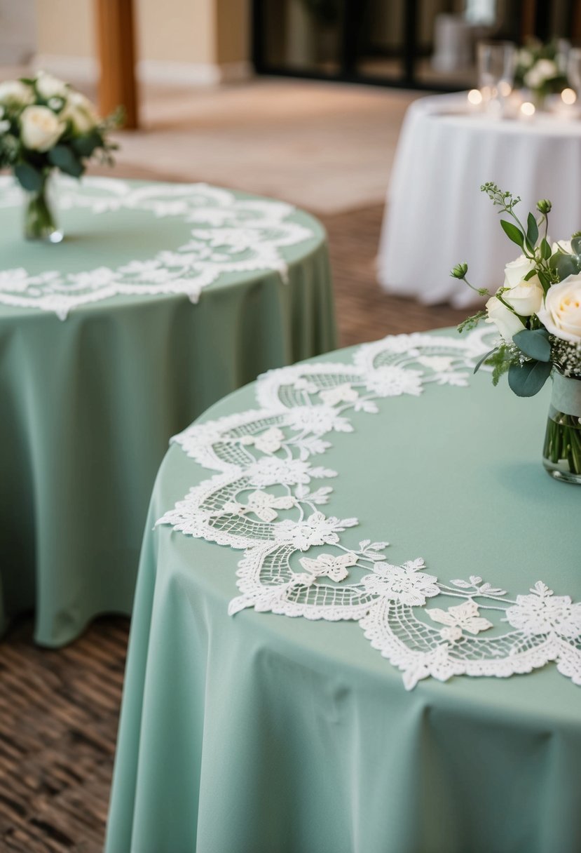 Sage green tablecloths with delicate lace details cover the wedding reception tables