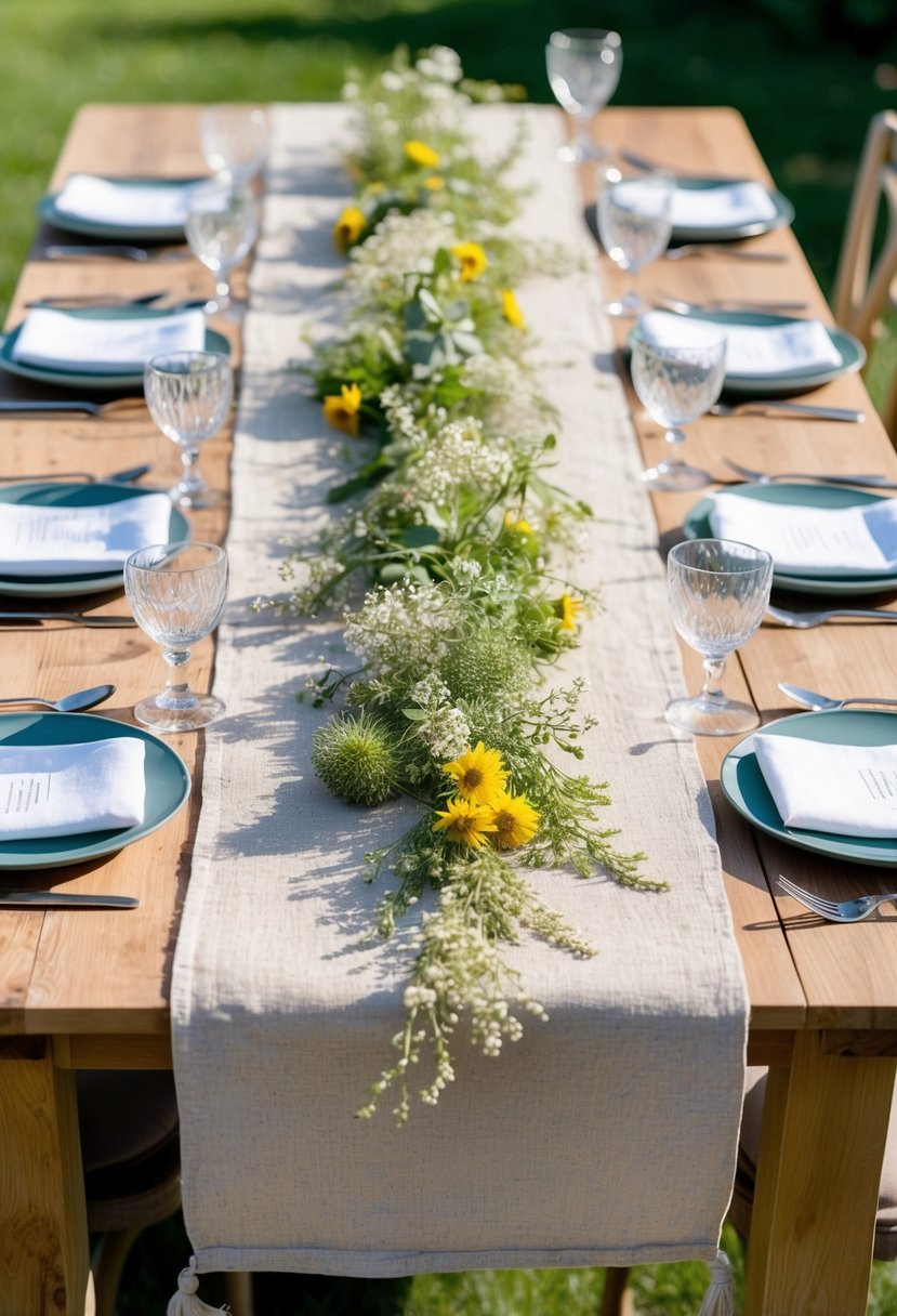 A rustic table runner made of natural linen, adorned with delicate greenery and wildflowers, set on a wooden table in a sunlit garden