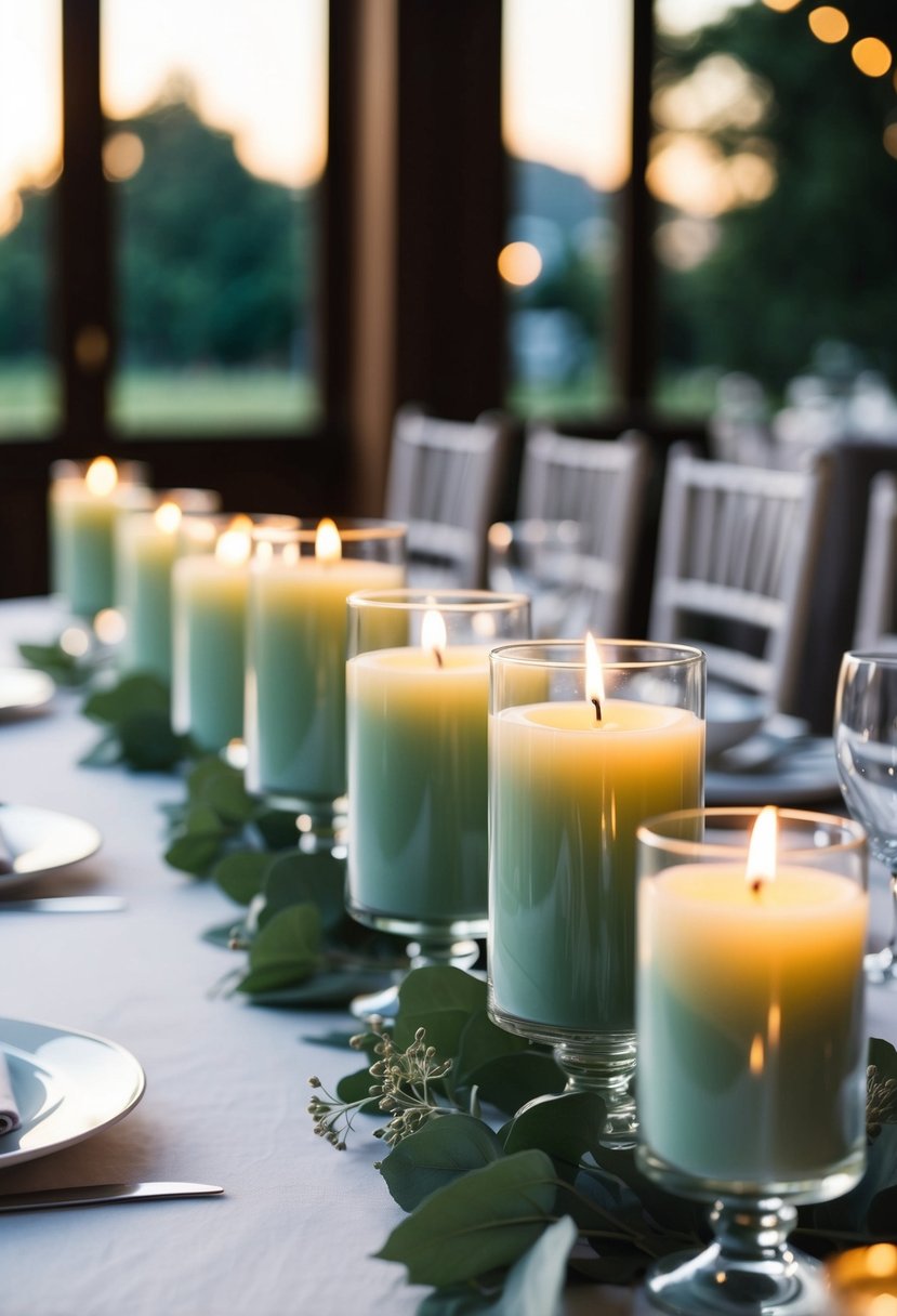 Sage green candles in glass holders illuminate a wedding table, creating a calming and romantic atmosphere