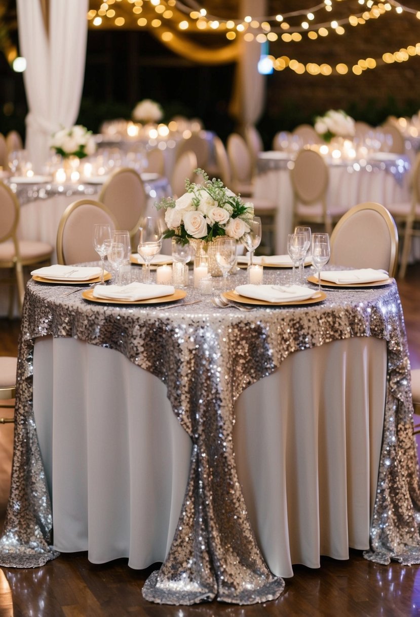 Sequin tablecloths shimmer on sweetheart tables at a wedding reception, adding a touch of sparkle and elegance to the decor